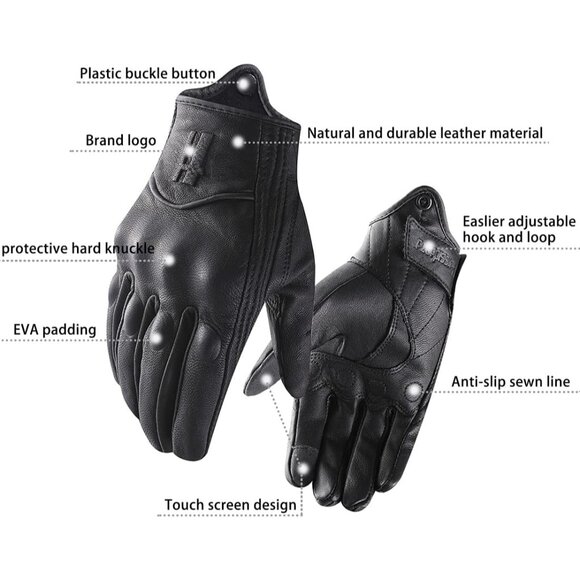 Harssidanzar Men's Black Winter Goat Skin Touch Screen Motorcycle Leather Gloves - Picture 4 of 7